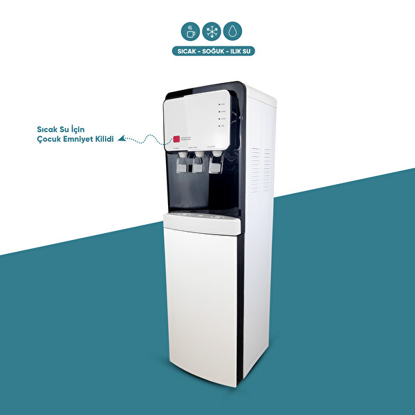 İdeal Mağaza BG-90 Sıcak Soğuk Ilık 3 Musluklu Tam Boy Arıtmalı Su Sebili Siyah Beyaz