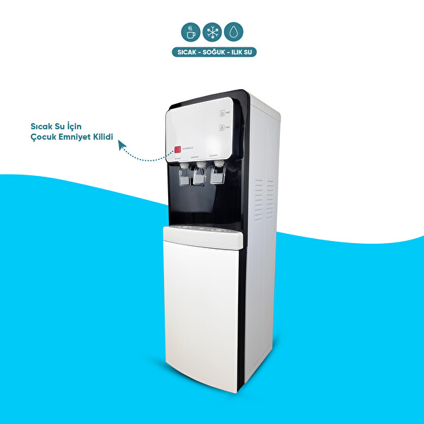 İdeal Mağaza BG-60 Pompalı Sıcak Soğuk Ilık 3 Musluklu Arıtmalı Su Sebili - Beyaz Siyah