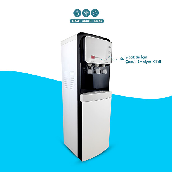 İdeal Mağaza BG-60 Pompalı Sıcak Soğuk Ilık 3 Musluklu Arıtmalı Su Sebili - Beyaz Siyah