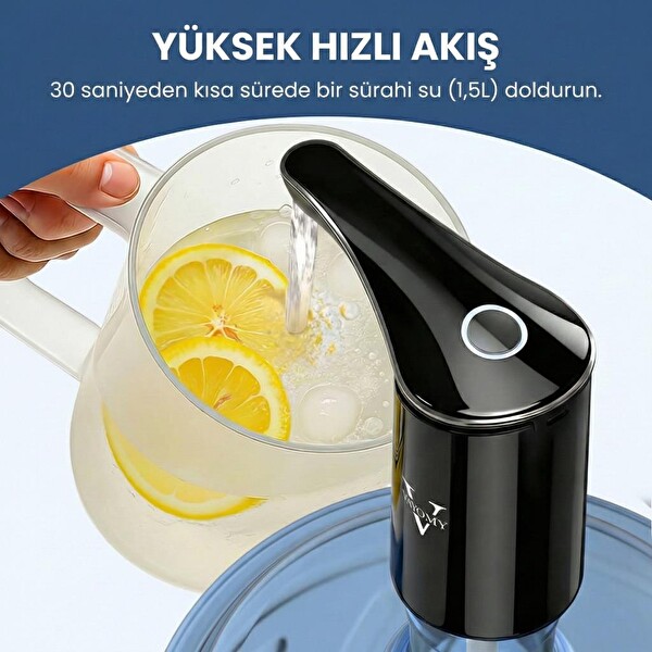 Vayomy SilentPro Sessiz Şarjlı Otomatik Damacana Su Pompası - Dalgıç Motorlu Yüksek Hızlı Dolum Çocuk Kilitli BPA Free