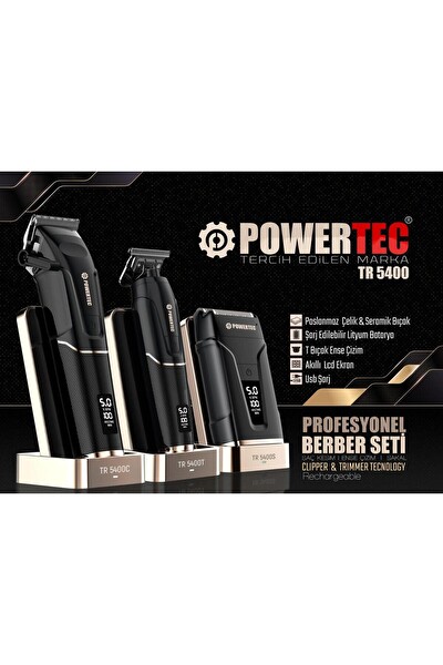 Powertec TR-5400 Saç-Sakal Günlük Tıraş Ense Çizim Profesyonel Berber Tıraş Makinesi 3'lü Set