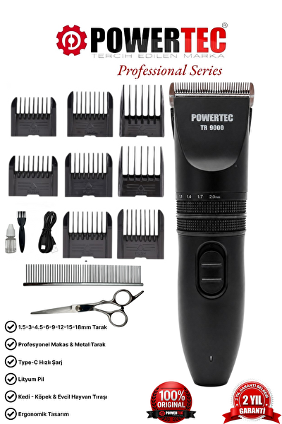 Powertec TR-9000 Kedi Köpek Tıraş Makinesi Seti Pet Evcil Hayvan Tüy Kesme (Makas ve Metal Tarak Hediyeli)