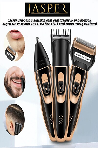 Jasper JPR-2020 3 Başlıklı Özel Seri Titanyum Pro Edition Saç Sakal Burun Kılı Alma Tıraş Makinesi