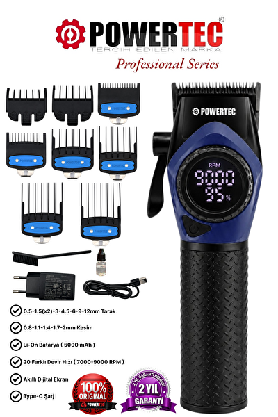 Powertec TR-5100 9000 RPM Dijital Ekran Şarjlı Berber Tipi Clipper Mor Profesyonel Saç Tıraş Makinesi