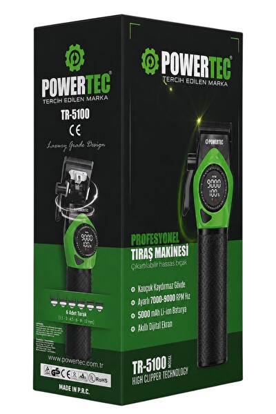 Powertec TR-5100 9000 RPM Dijital Ekran Şarjlı Berber Tipi Clipper Mor Profesyonel Saç Tıraş Makinesi
