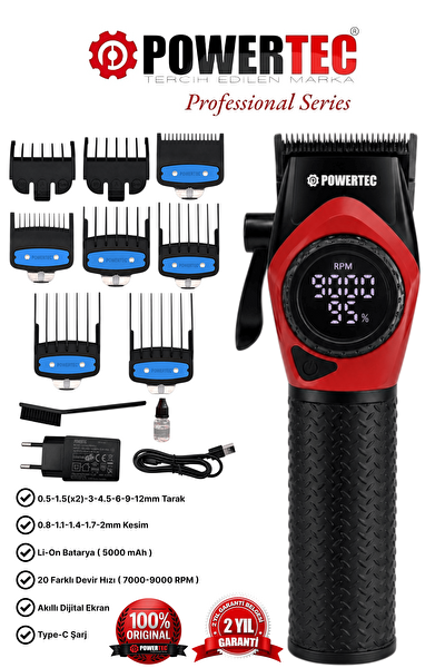 Powertec TR-5100 9000 RPM Dijital Ekran Şarjlı Berber Tipi Clipper Mor Profesyonel Saç Tıraş Makinesi