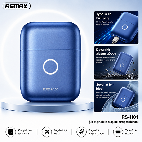 Remax RS-H01 Taşınabilir Şarjlı Su Geçirmez Metal Gövdeli Mini Erkek Sakal Tıraş Makinesi Mavi