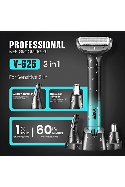VGR V-625 Su Geçirmez Vücut ve Burun Tüyü Alma Tıraş Makinesi 3 Başlıklı Bakım Kiti