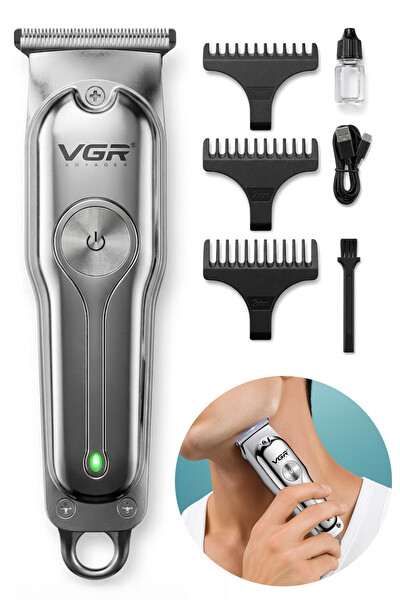VGR V-071 Profesyonel Paslanmaz Çelik T Bıçak Gümüş Metal Saç Sakal ve Ense Çizim Makinesi