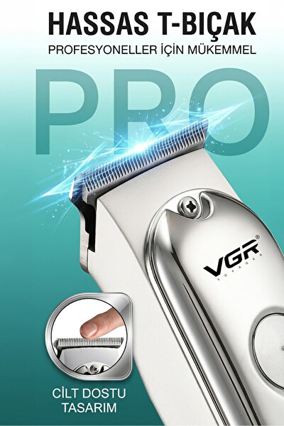 VGR V-071 Profesyonel Paslanmaz Çelik T Bıçak Gümüş Metal Saç Sakal ve Ense Çizim Makinesi