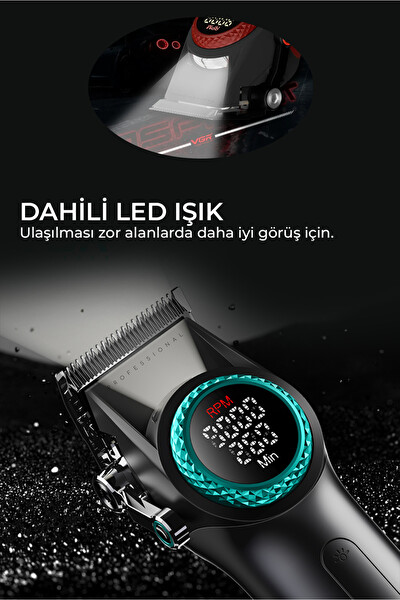 VGR V-001 9000 RPM Dijital LED Ekran 10 Taraklı Şarj Standlı Profesyonel Saç ve Sakal Kesme Makinesi Seti Siyah