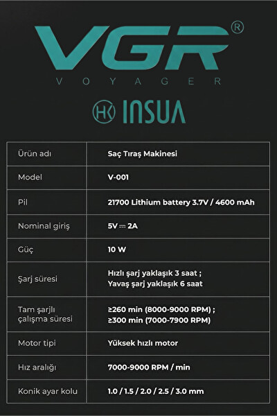 VGR V-001 9000 RPM Dijital LED Ekran 10 Taraklı Şarj Standlı Profesyonel Saç ve Sakal Kesme Makinesi Seti Siyah
