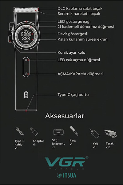 VGR V-001 9000 RPM Dijital LED Ekran 10 Taraklı Şarj Standlı Profesyonel Saç ve Sakal Kesme Makinesi Seti Siyah