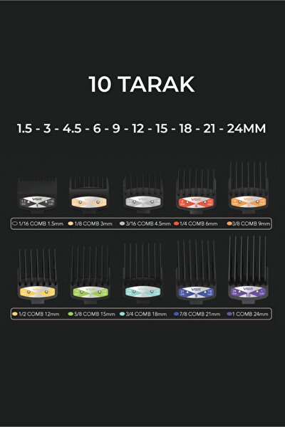 VGR V-001 9000 RPM Dijital LED Ekran 10 Taraklı Şarj Standlı Profesyonel Saç ve Sakal Kesme Makinesi Seti Siyah