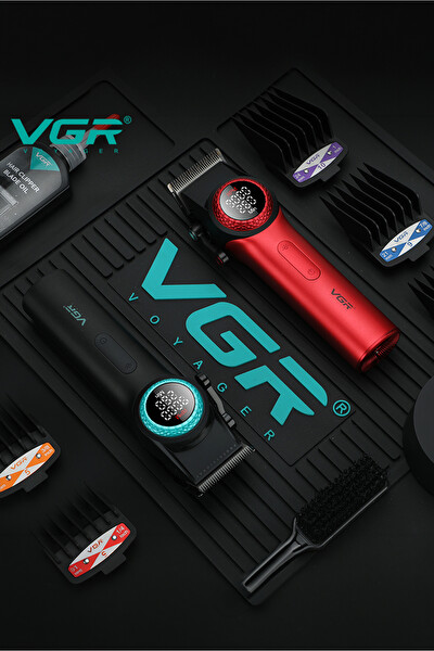 VGR V-001 9000 RPM Dijital LED Ekran 10 Taraklı Şarj Standlı Profesyonel Saç ve Sakal Kesme Makinesi Seti Kırmızı