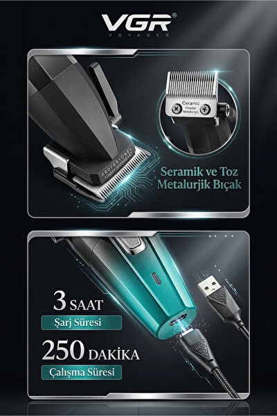 VGR V-003 9000 RPM Vektör Motorlu DLC Bıçaklı Profesyonel Şarjlı Saç Kesme Makinesi