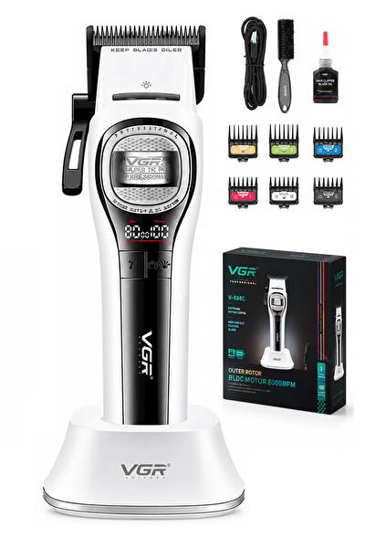 VGR V-888C Profesyonel Saç Sakal Kesme Tıraş Makinesi - Outer Rotor BLDC Motor Seramik Bıçak Clipper - Beyaz