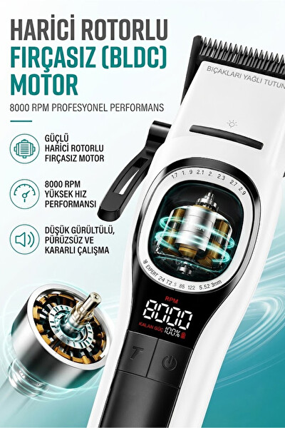 VGR V-888C Profesyonel Saç Sakal Kesme Tıraş Makinesi - Outer Rotor BLDC Motor Seramik Bıçak Clipper - Beyaz