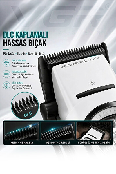 VGR V-888C Profesyonel Saç Sakal Kesme Tıraş Makinesi - Outer Rotor BLDC Motor Seramik Bıçak Clipper - Beyaz