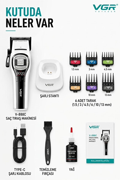 VGR V-888C Profesyonel Saç Sakal Kesme Tıraş Makinesi - Outer Rotor BLDC Motor Seramik Bıçak Clipper - Beyaz