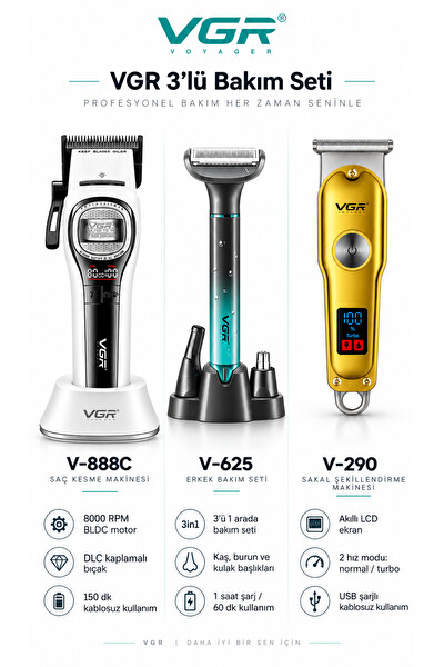 VGR V-888C Clipper V-290 Trimmer V-625 Bakım Kiti - 3'lü Berber Seti