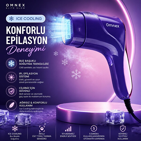 Omnex EliteGlow Buz Başlıklı Akıllı Cilt Sensörlü 10 Kademe Enerji IPL Lazer Epilasyon Cihazı