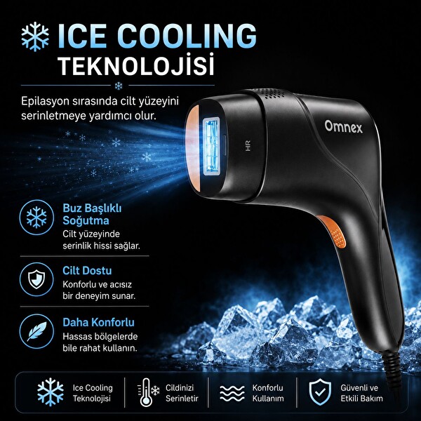 Omnex EliteGlow Buz Başlıklı Akıllı Cilt Sensörlü 10 Kademe Enerji IPL Lazer Epilasyon Cihazı - Siyah