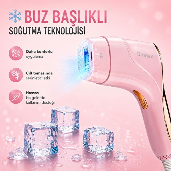 Omnex EliteGlow Buz Başlıklı Akıllı Cilt Sensörlü 10 Kademe Enerji IPL Lazer Epilasyon Cihazı - Pembe
