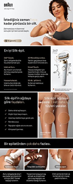 Braun Silk·épil 9 Flex Epilatör Islak ve Kuru Kalıcı Pürüzsüz Cilt 9-071 3D