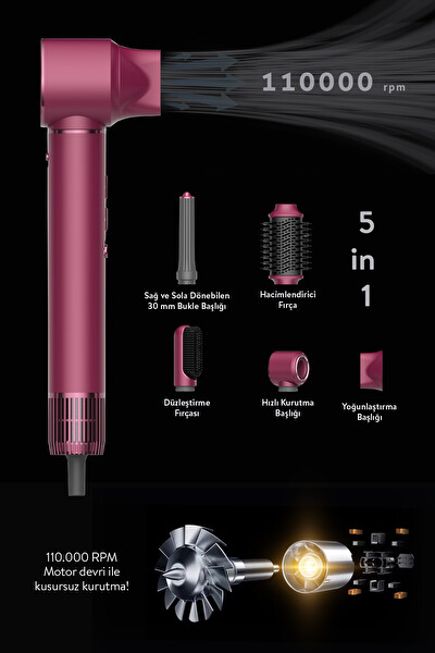 Sinbo Pro Compact SHD-1729 Uzun Multi-Styler 5in1 BLDC Hava Üflemeli Saç Şekillendirici Royal Gilded Red