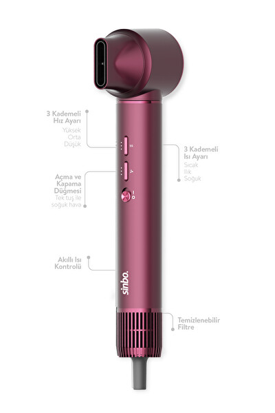 Sinbo Pro Compact SHD-1729 Uzun Multi-Styler 5in1 BLDC Hava Üflemeli Saç Şekillendirici Royal Gilded Red