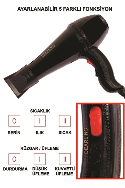 Dearling 2500W AC Motorlu 2 Isı ve 2 Hız Ayarlı Profesyonel Kuaför Tipi Fön Makinesi Siyah