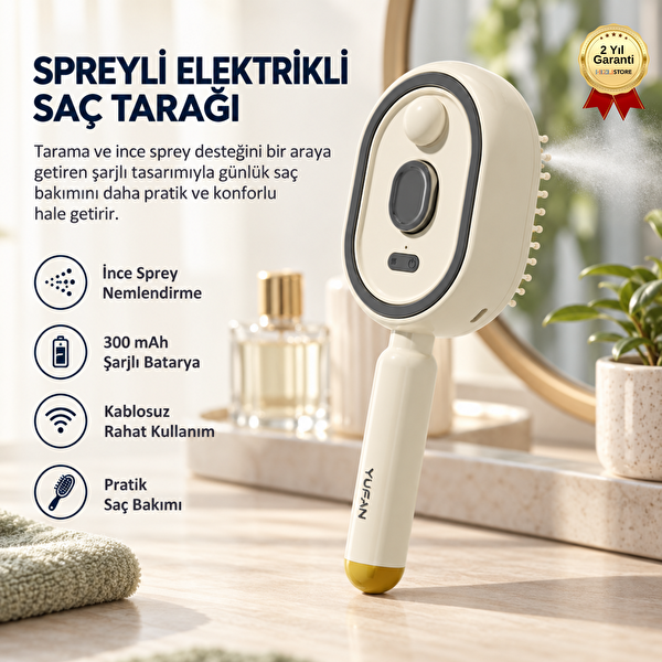 Hzl Store AMG-51 Spreyli Elektrikli 300 mAh Şarjlı Nemlendirme Özellikli Saç Tarağı