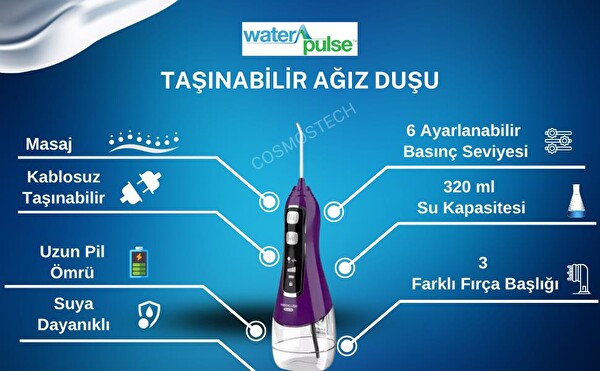 Waterpulse Kablosuz Pro V580 320 ML Taşınabilir Diş/Protez Mor Bakım Ve Ağız Duşu