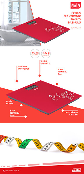 Evia EA-4107K Fokus Dayanıklı Temper Camlı Beyaz Desenli Kırmızı Dijital Baskül