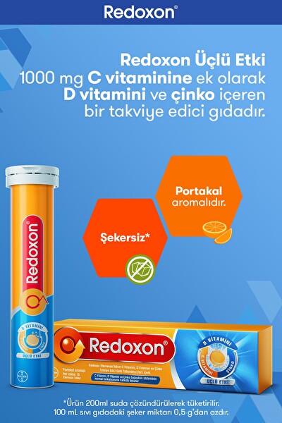 Redoxon Üçlü Etki 15 Efervesan Tablet I 1000 mg C Vitamini, D Vitamini ve Çinko İçeren Takviye Edici Gıda
