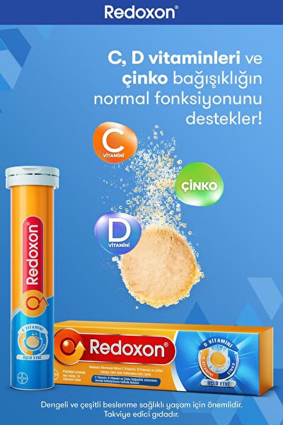 Redoxon Üçlü Etki 15 Efervesan Tablet I 1000 mg C Vitamini, D Vitamini ve Çinko İçeren Takviye Edici Gıda