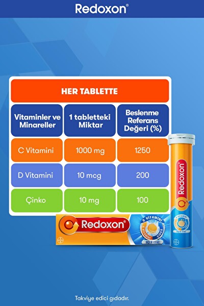 Redoxon Üçlü Etki 15 Efervesan Tablet I 1000 mg C Vitamini, D Vitamini ve Çinko İçeren Takviye Edici Gıda
