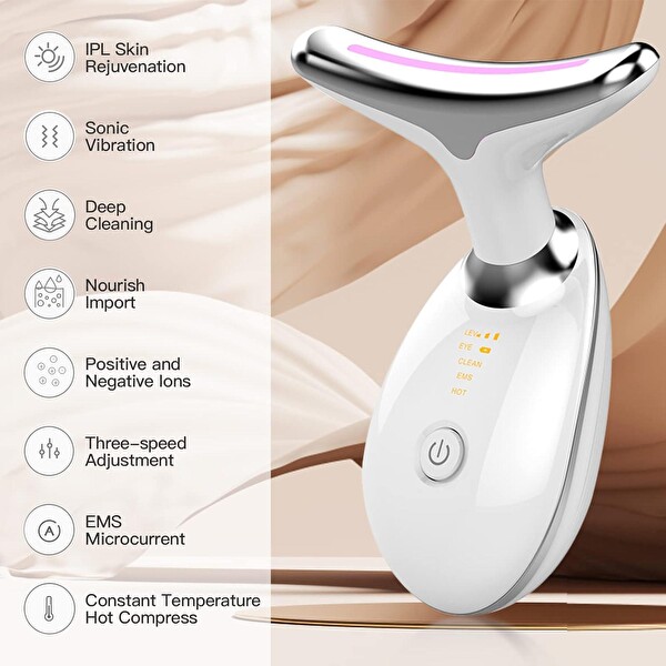 Valkyrie 7 Renk Titreşimli Yüz Boyun EMS Güzellik Cihazı Kırışık Gıdık Sarkma Giderici Beyaz