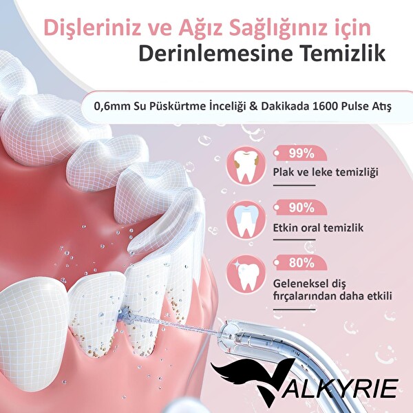 Valkyrie Şarj Edilebilir Diş Protez Bakım Ağız Duşu 4 Başlıklı Taşınabilir Siyah