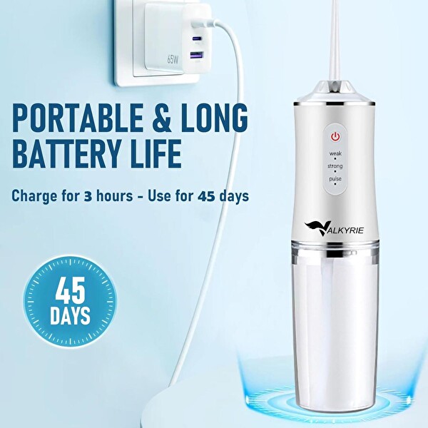 Valkyrie Şarj Edilebilir 4 Başlıklı Taşınabilir Diş Protez Bakım ve Ağız Duşu Yüksek Kapasite Beyaz