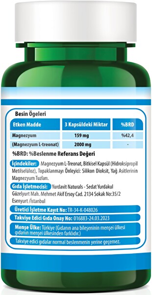Yurdavit Magnesium L-threonate Magnezyum L-treonat 2000 MG 90 Kapsül Vegan