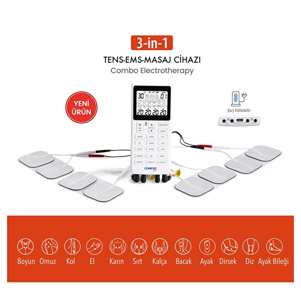 Comfort Plus M101A-WH2 4 Kanallı 8 Pedli 60 Programlı Şarjlı Dijital EMS & TENS Türkçe Fizik Tedavi ve Masaj