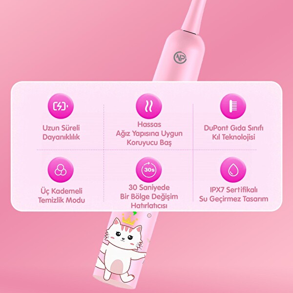 NPO Nicefeel X500 Çocuklar İçin Dakikada 39600 Titreşim Şarjlı Sonic Diş Fırçası Pembe