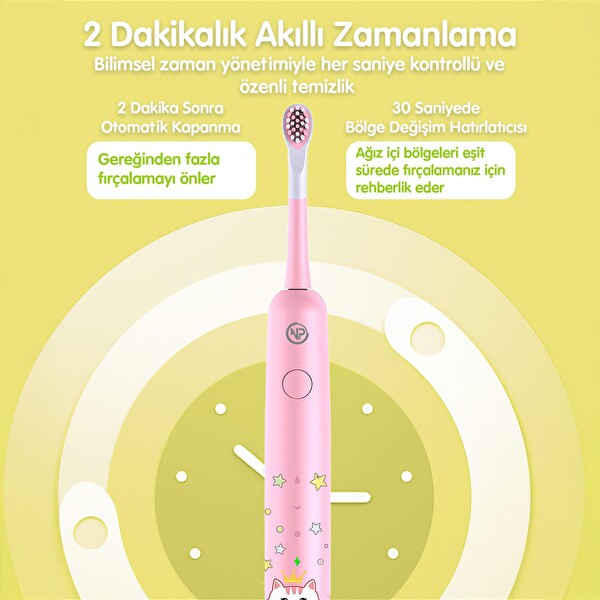 NPO Nicefeel X500 Çocuklar İçin Dakikada 39600 Titreşim Şarjlı Sonic Diş Fırçası Pembe