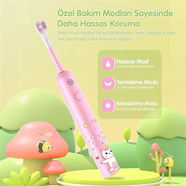 NPO Nicefeel X500 Çocuklar İçin Dakikada 39600 Titreşim Şarjlı Sonic Diş Fırçası Pembe
