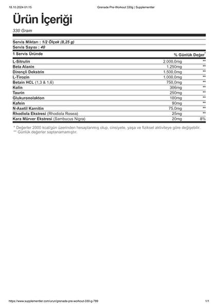 Grenade Pre-Workout 330 GR Kiraz Aromalı