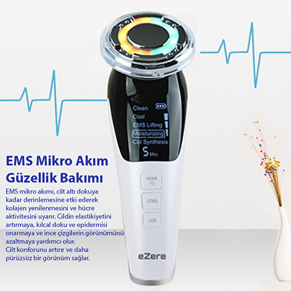 Ezere D818 Şarjlı Soğuk Sıcak Kompresli Gerdirme Nemlendirme Kolajen Sentezli EMS Cilt Bakım Cihazı Beyaz