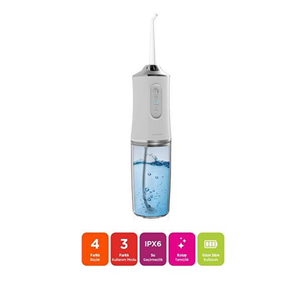 Polosmart PBS702 Şarjlı Ağız Duşu 3 Modlu 4 Yedek Başlık IPX6 Su Geçirmez Type-C Şarjlı Beyaz