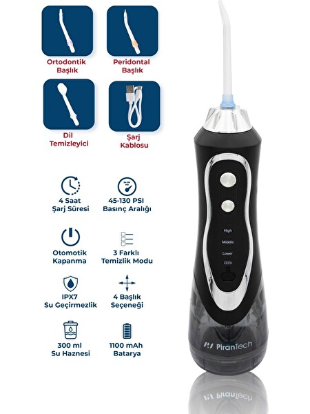 PiranTech AquaDent Pro Şarjlı Ağız Duşu 4 Başlıklı Diş Arası Temizleme Cihazı